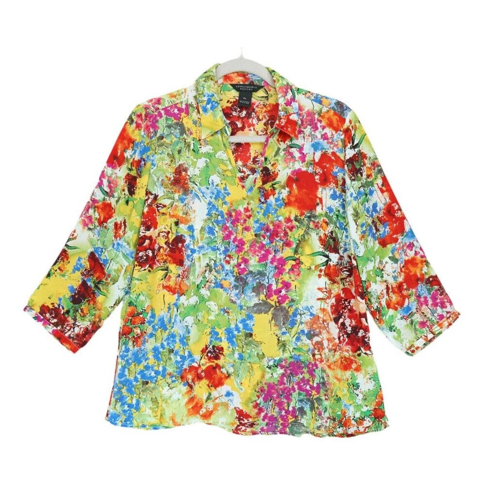INVESTMENTS‎ Women’s Size PL Floral Multicolored Art 3/4 Sleeve Collared Blouse